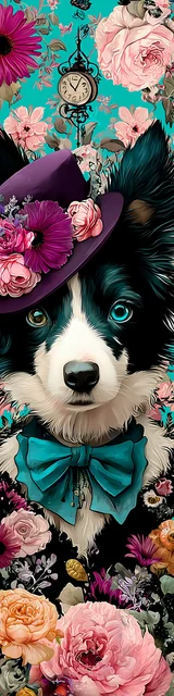 Free printable dog bookmark featuring black and white dog with maximalist floral